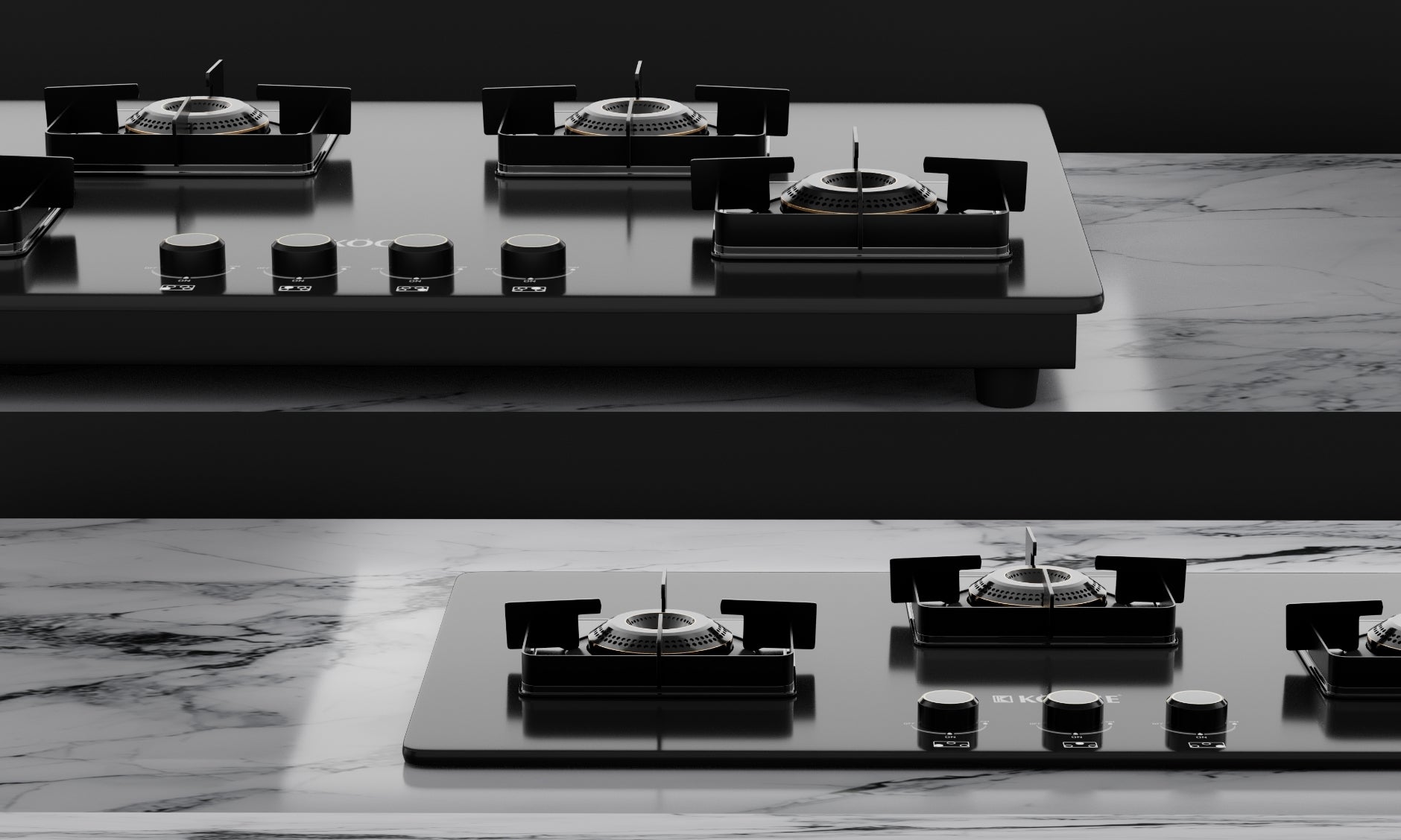 Close-up of 3-burner gas stove hob on marble kitchen countertop