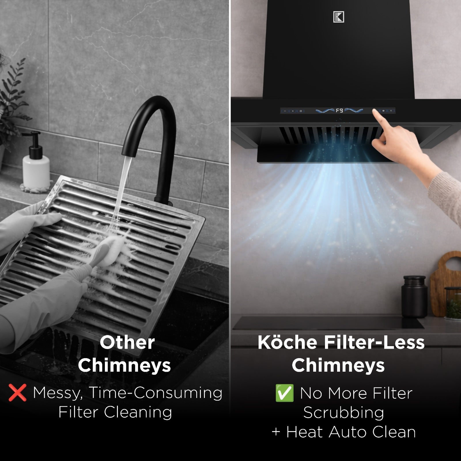 Köche Stark BLDC chimney vs traditional filterless kitchen chimneys