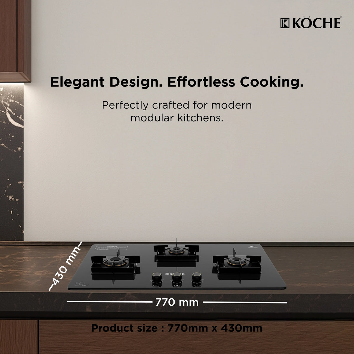 Köche 3-burner gas cooktop with black glass surface