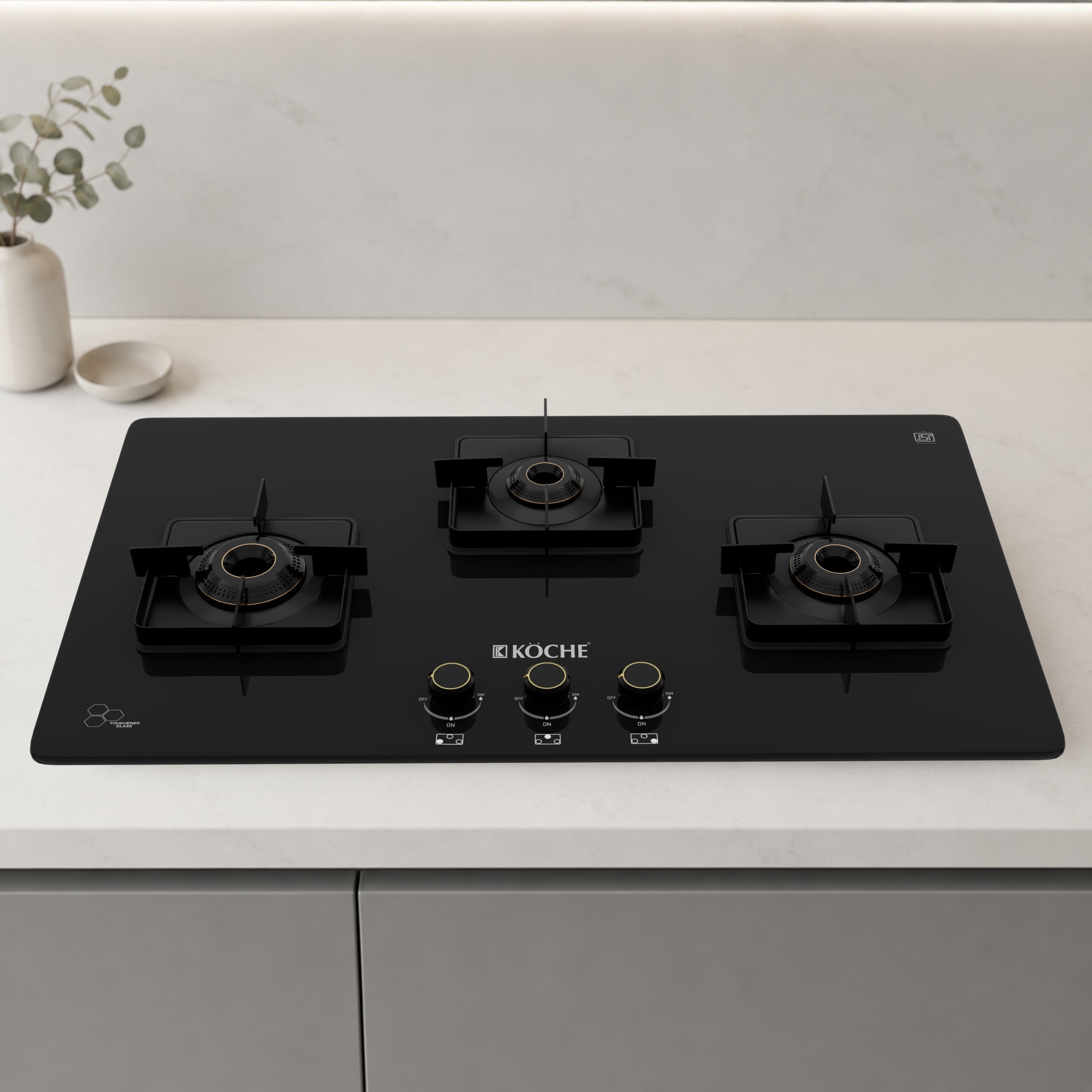 Koche Betty 3 burner glass gas hob in kitchen