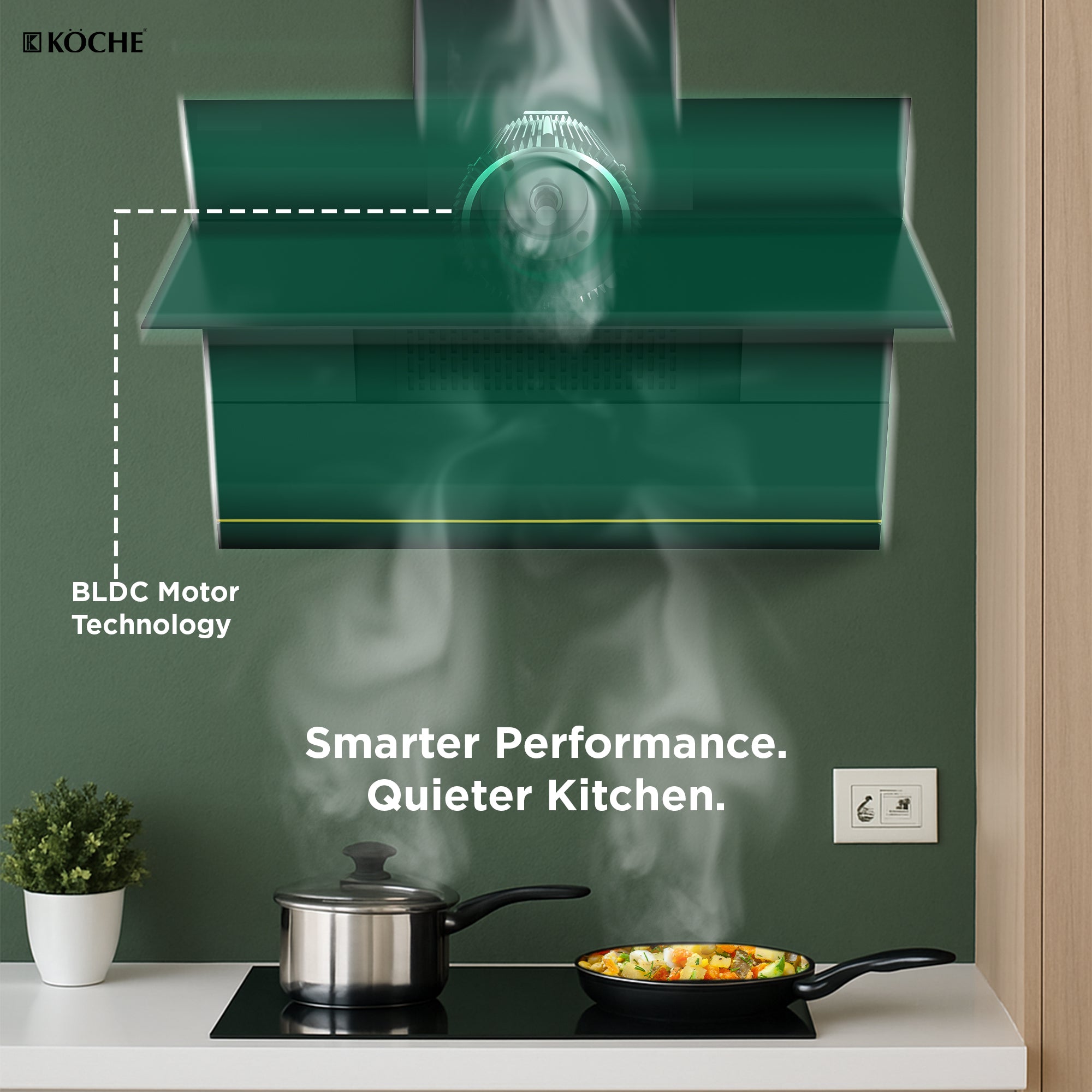 Köche Laura 90 chimney featuring BLDC motor technology for efficient performance