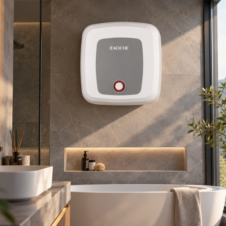 Köche Luma Square storage water heater in white with red indicator button
