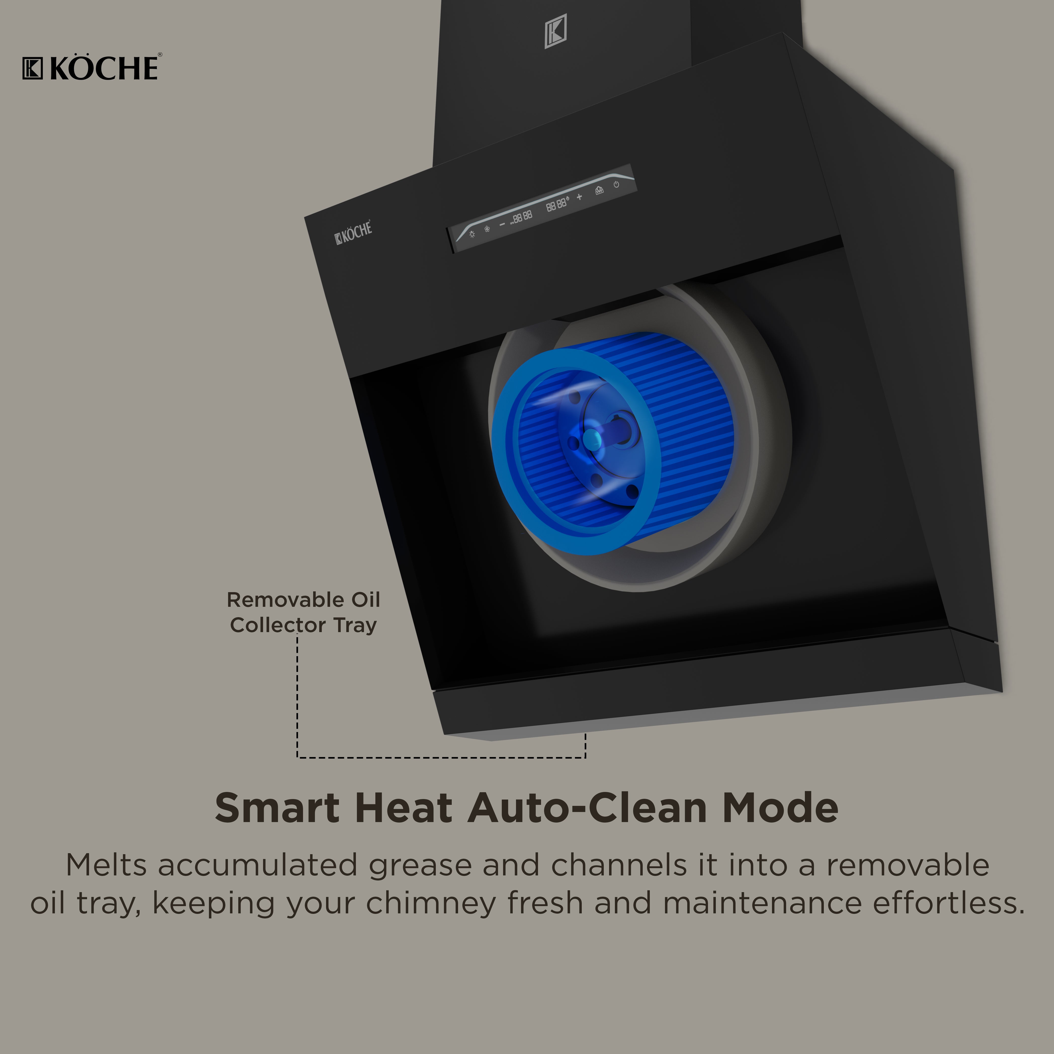 Koche chimney with heat auto-clean technology and oil collector tray