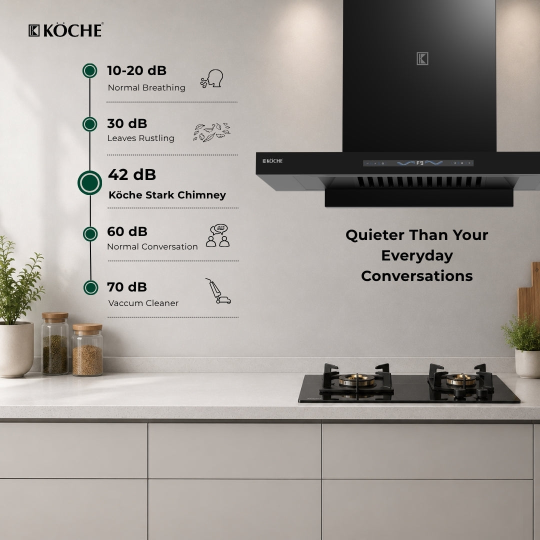 Köche Stark 60 kitchen chimney with low noise operation and powerful suction.