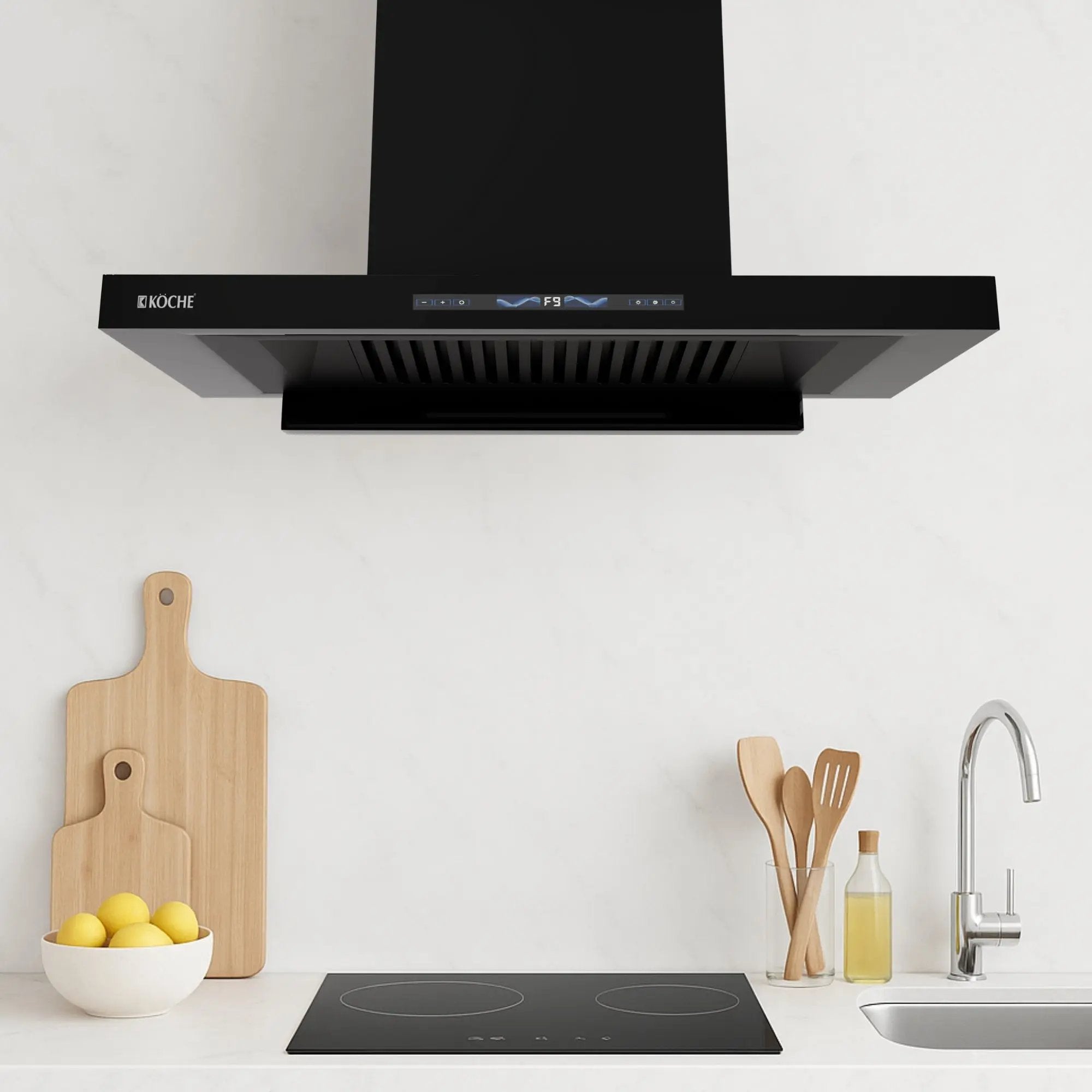 Köche Stark 90 black wall-mounted kitchen chimney side-angle view.