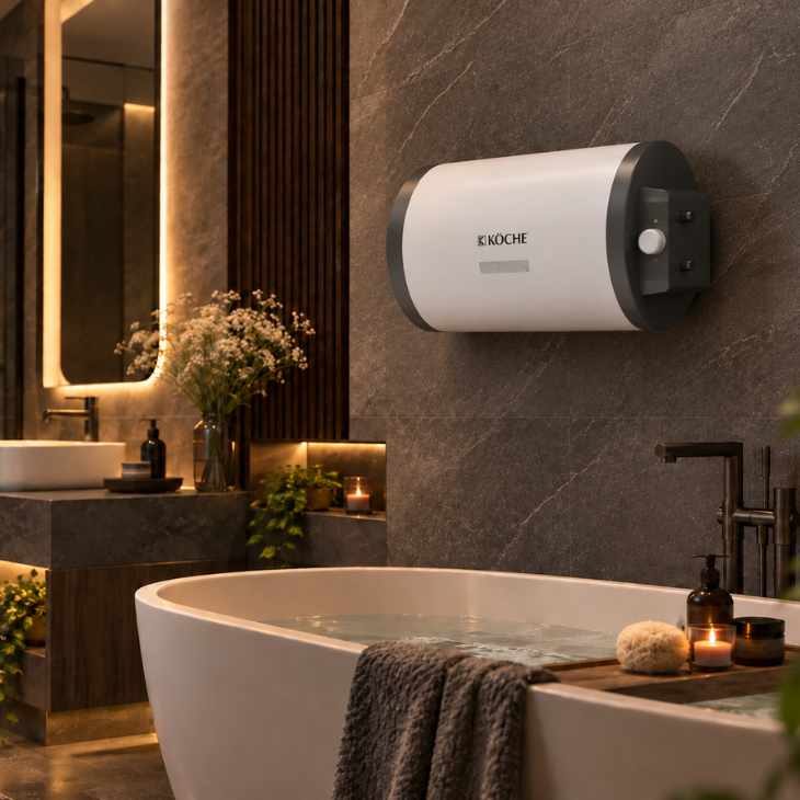 Köche Vita Pro HZ ABS horizontal water heater in white with black control panel