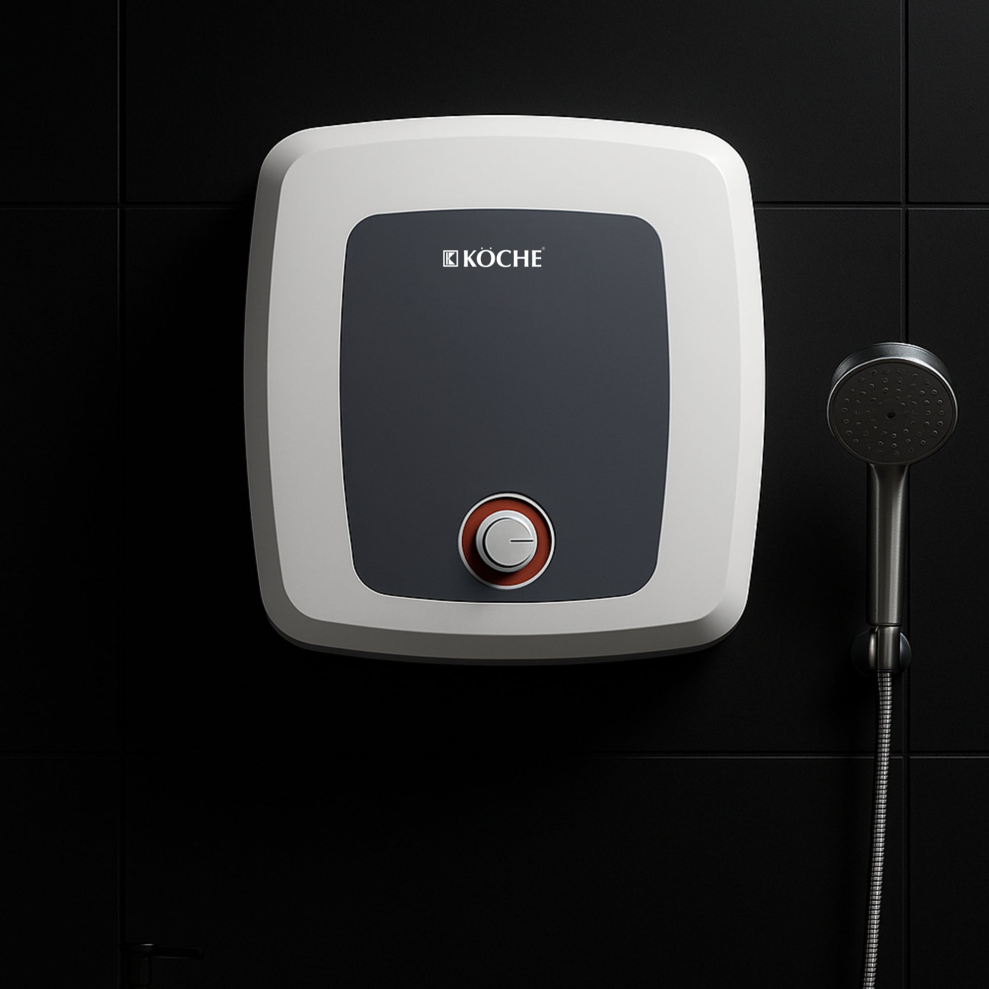 Köche sqaure water heater in a modern dark bathroom.