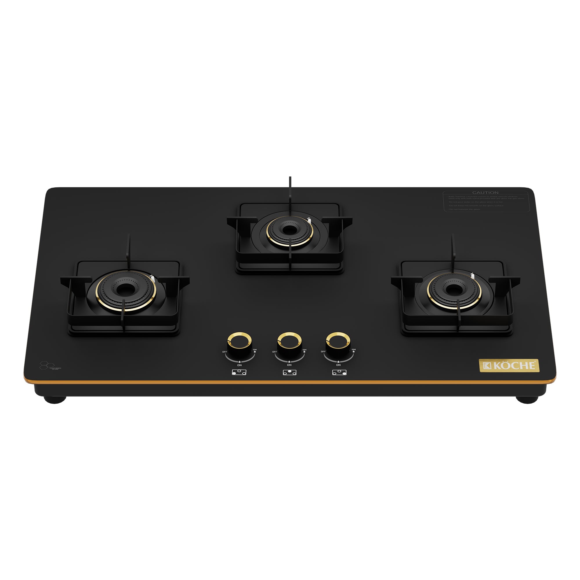 Black 3 burner gas hob with gold accents on a white background.