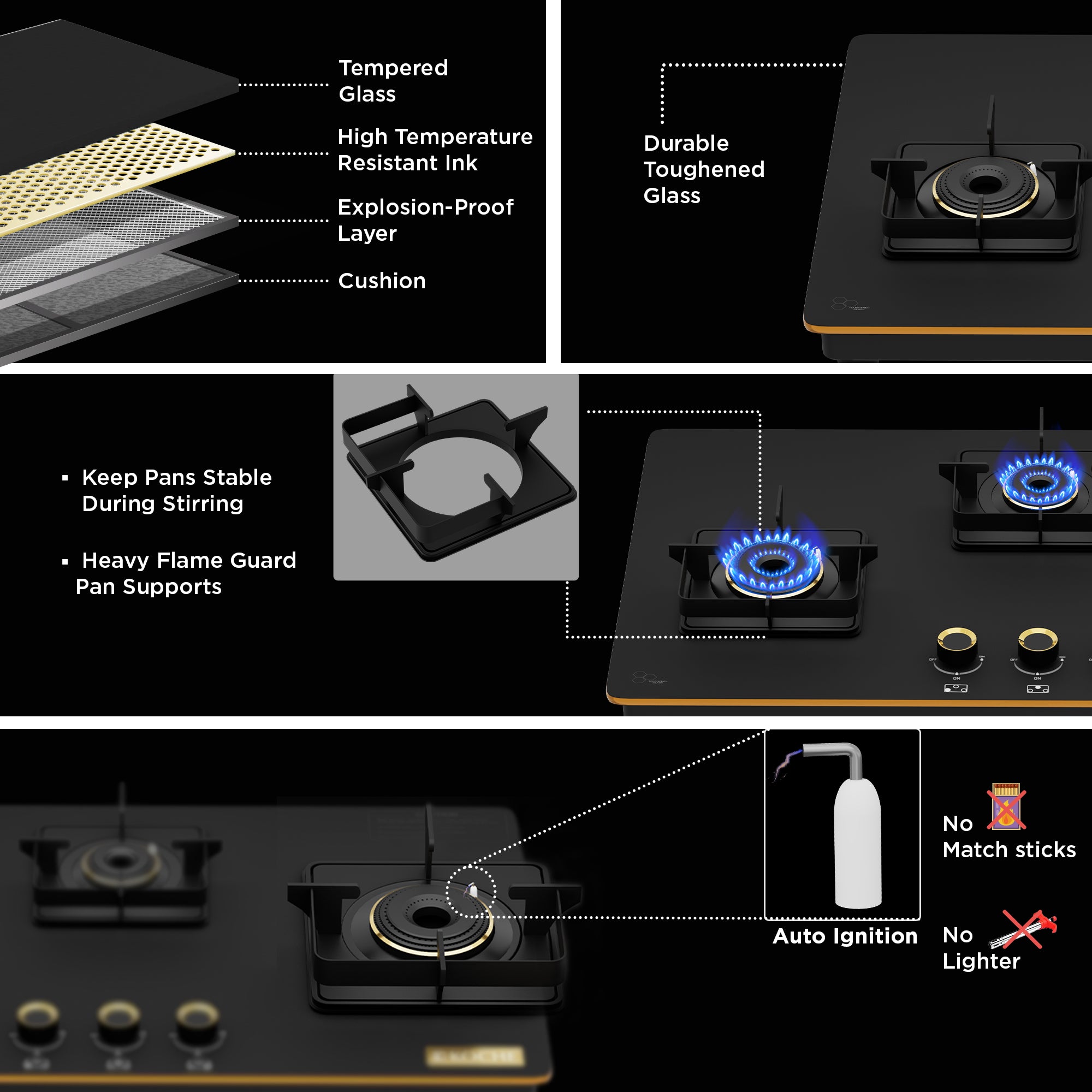 Black gas hob with tempered glass, flame guard supports, and auto ignition features.