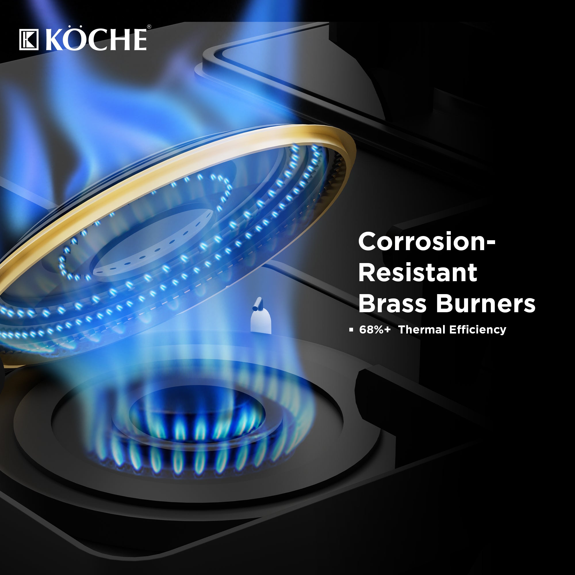 Nova hobtop with corrosion-resistant brass burner and blue flame.