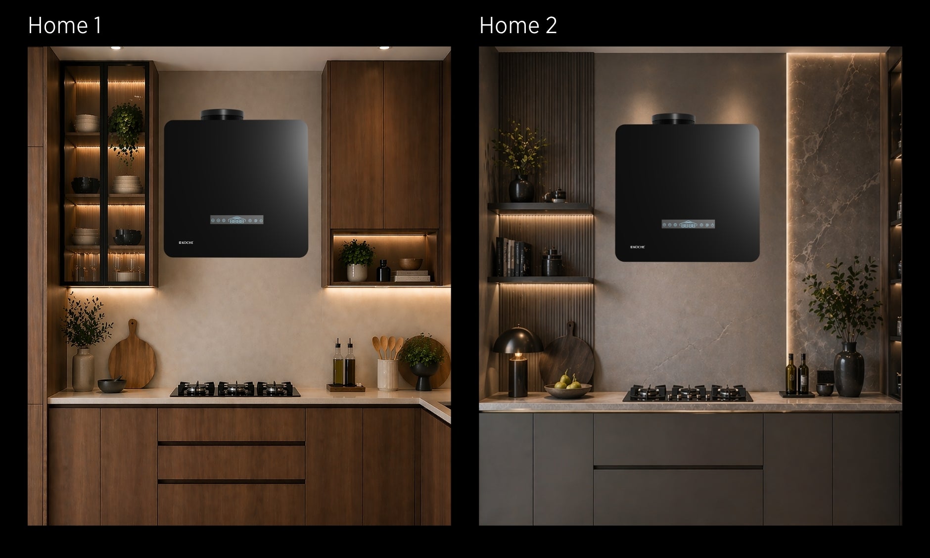 Köche Port 60 portable chimney in two modern kitchen setups.