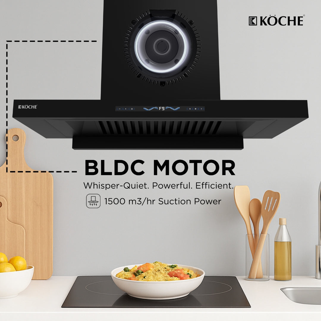 Stark 90 BLDC motor chimney in modern kitchen with cooking setup