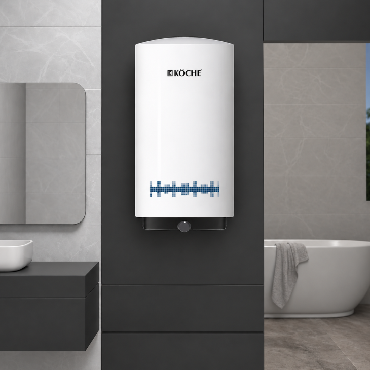 Köche Vita Pro Metal water heater in white with blue digital display and black base