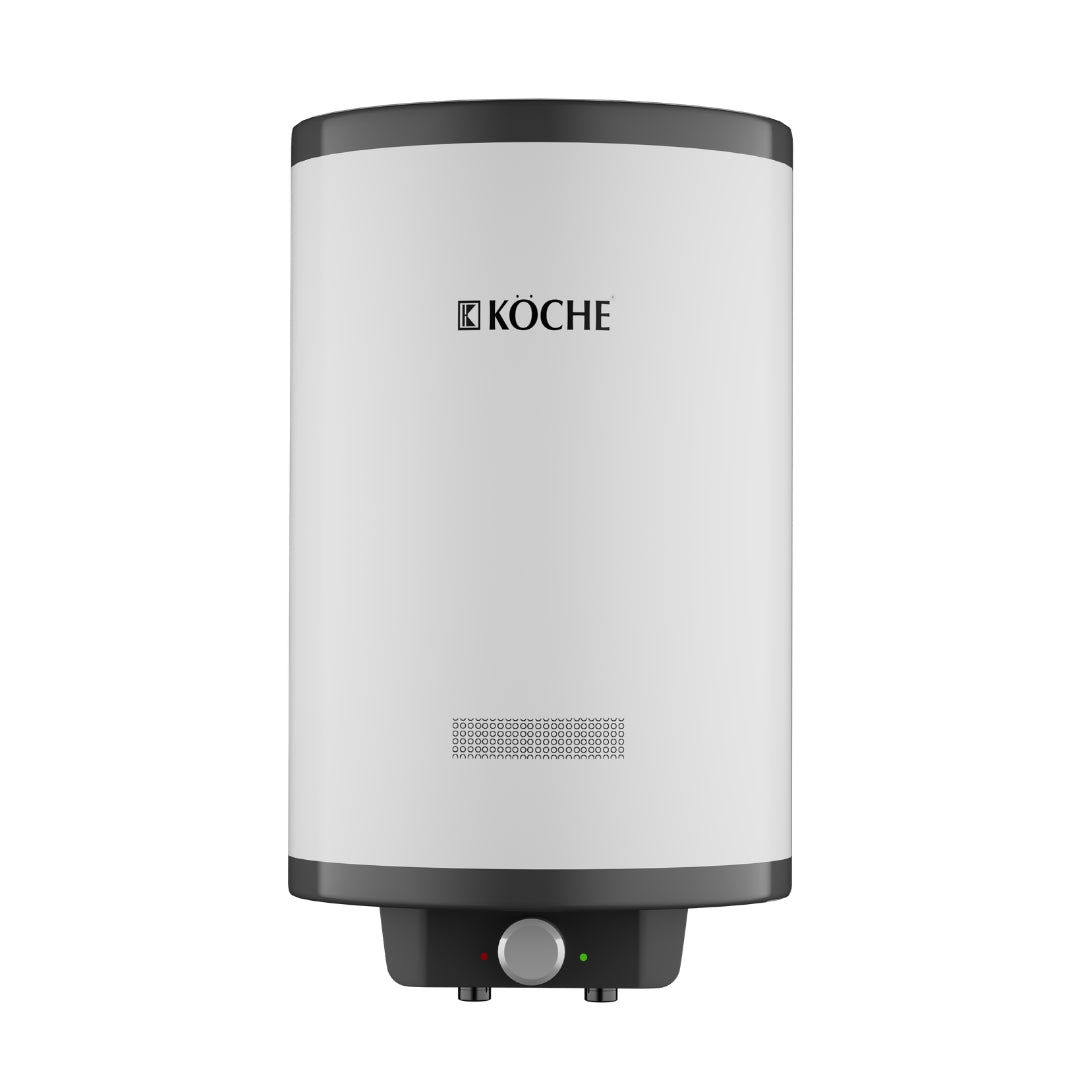 Köche Vita Pro vertical ABS water heater in white with black caps and central control knob