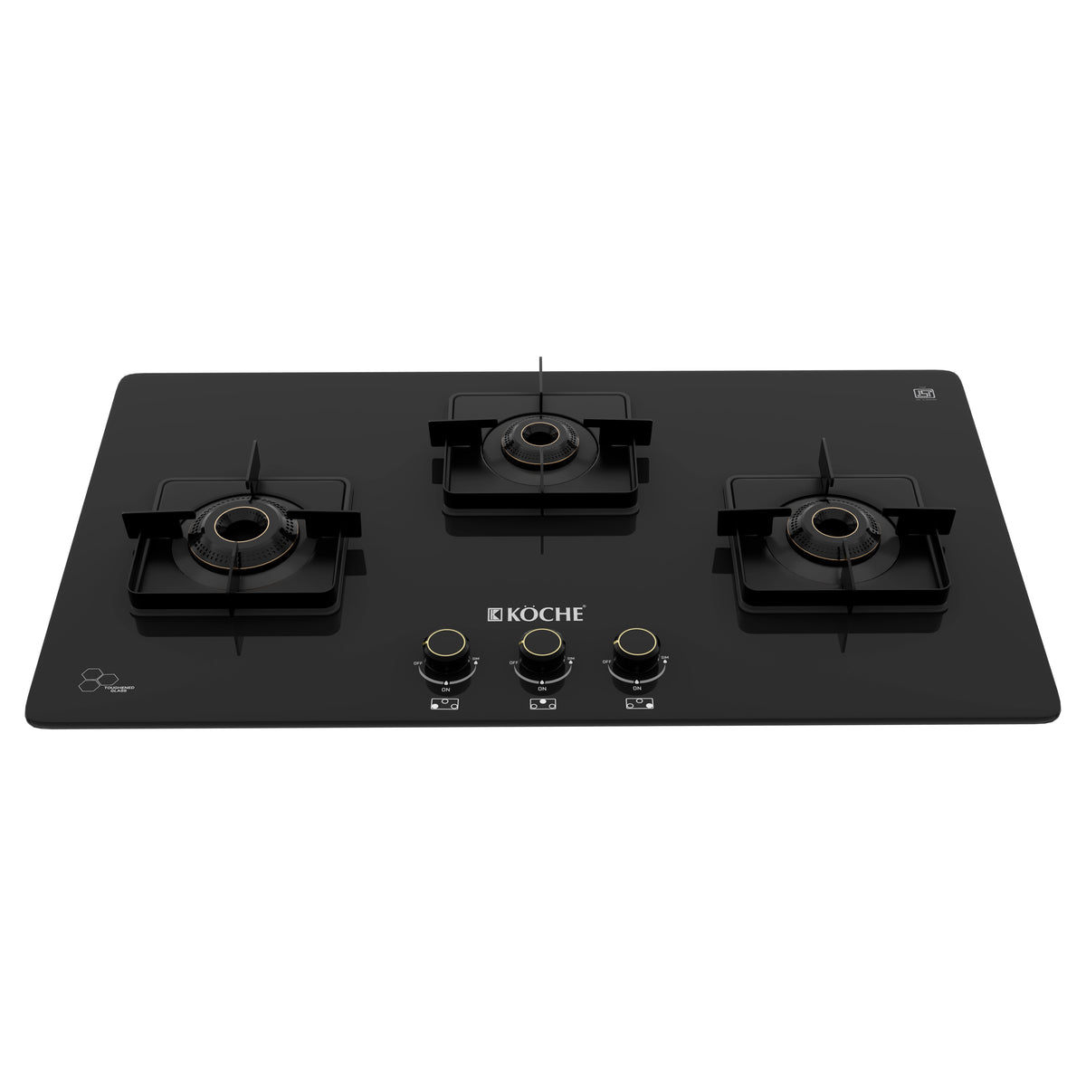 Köche 3-burner black glass gas cooktop with three burners and three control knobs