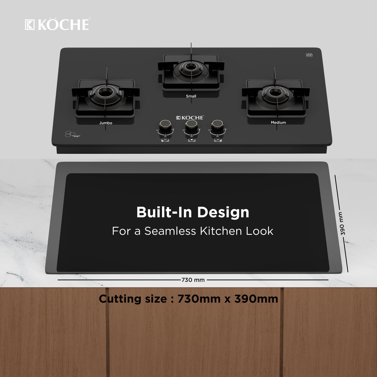 Köche 3-burner built-in gas hob with seamless kitchen design and 730 mm by 390 mm cutting size