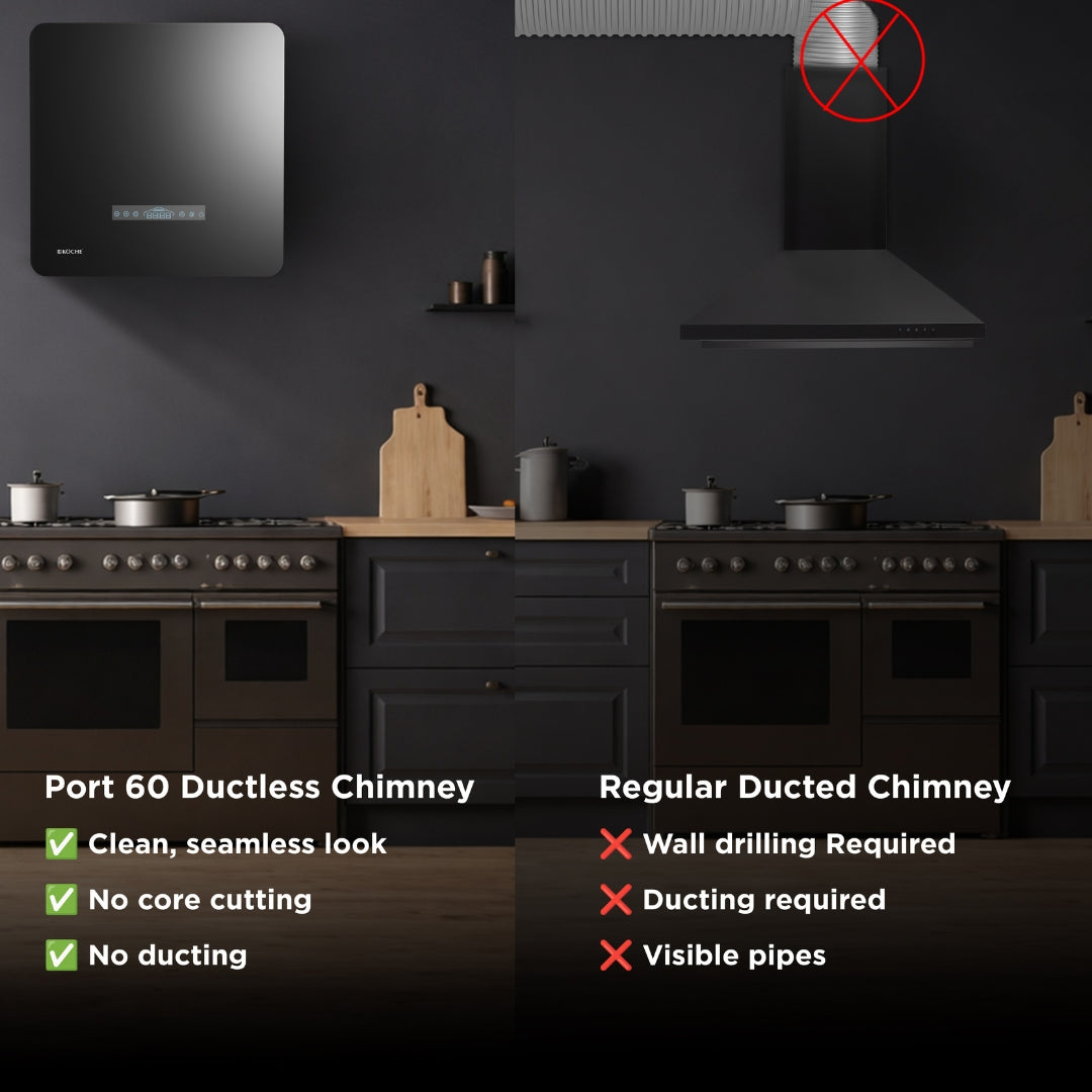 Comparison of ductless and ducted kitchen chimney showing differences in installation and usage.