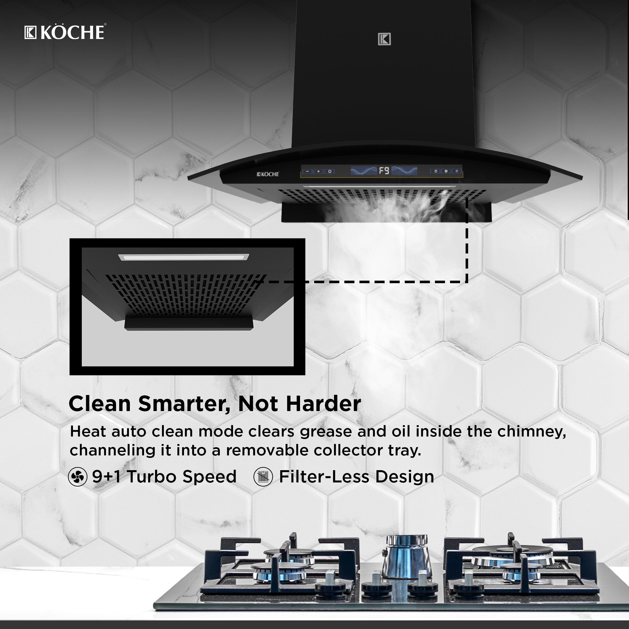 Köche Enzo 60 BLDC chimney above stove.