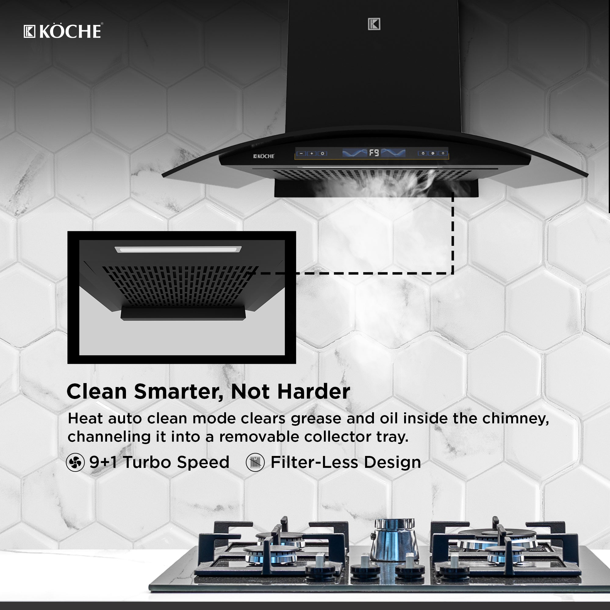 Köche Enzo 75 BLDC chimney with heat auto clean feature installed above a gas stove and white hexagonal tiled wall.