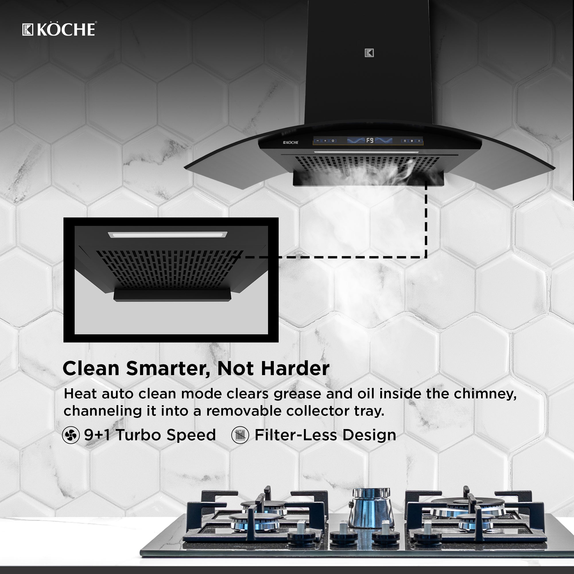 Köche Enzo 90 BLDC chimney with heat auto clean feature installed above a gas stove and hexagonal tiled wall.