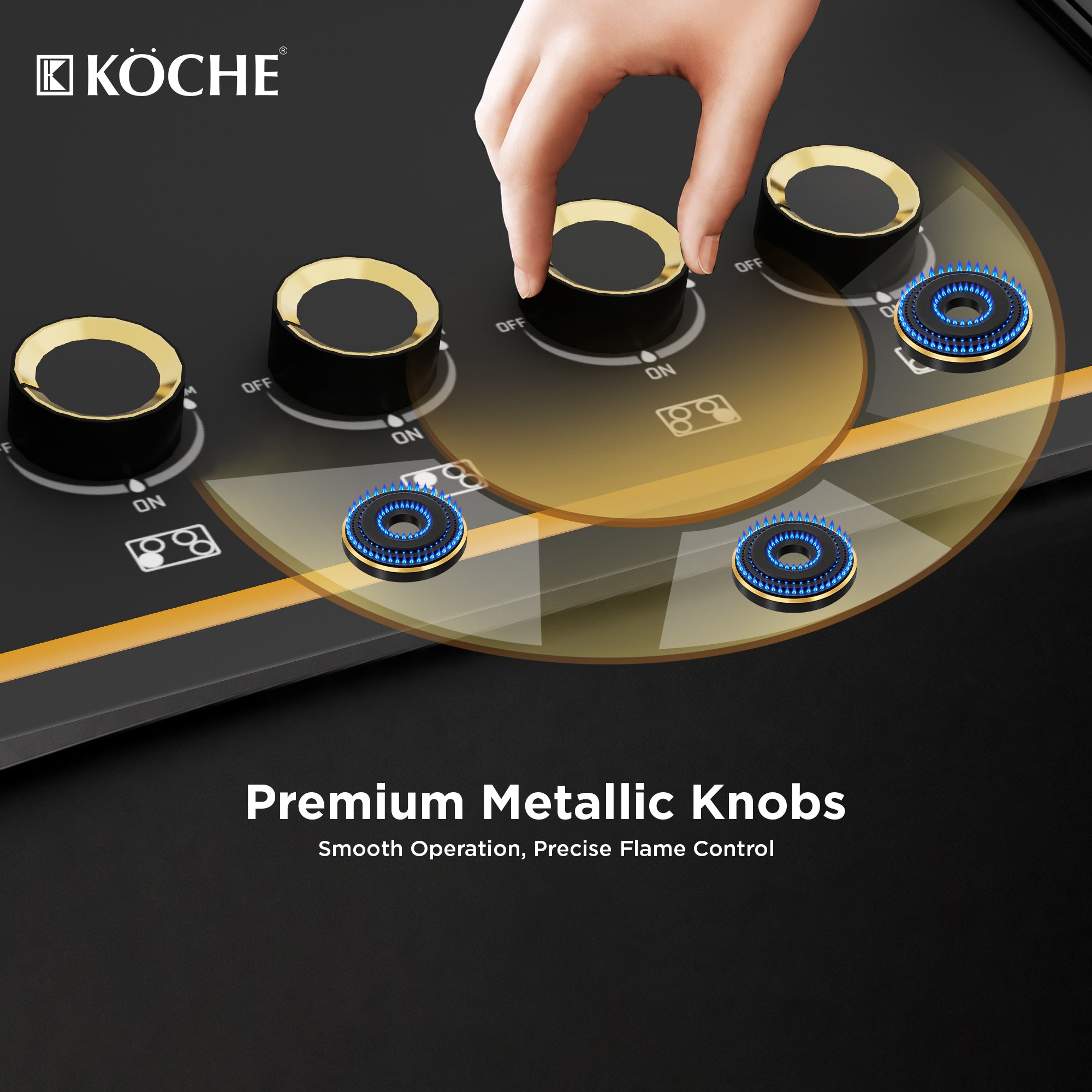 Köche Nova gas hob with premium metallic knobs and precise flame control