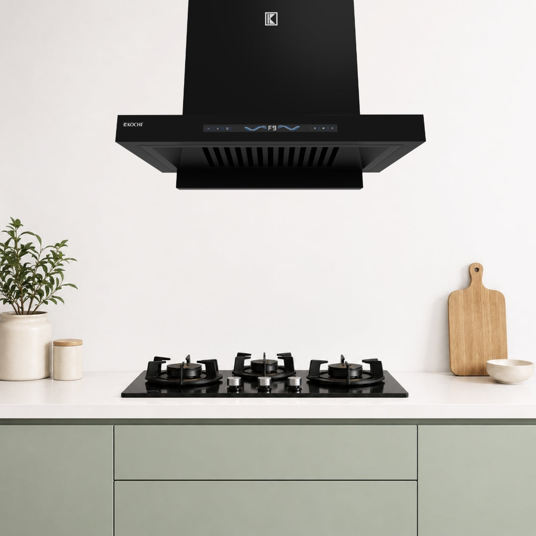 Köche Stark 60 BLDC kitchen chimney installed in a modern modular kitchen.