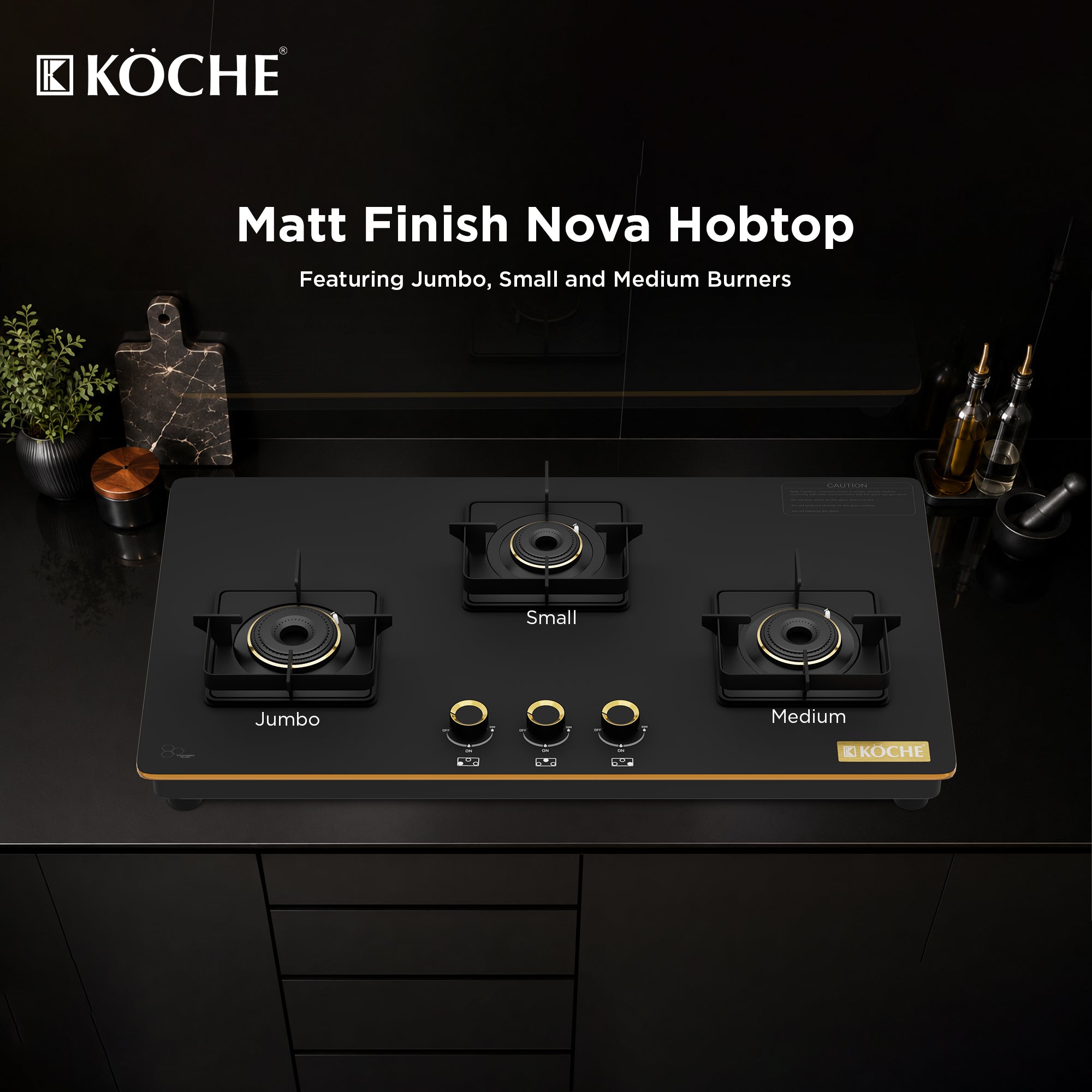 Köche Nova gas hob with three burners in different sizes