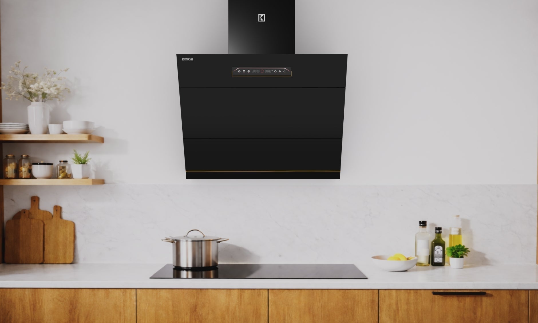 Black wall-mounted kitchen chimney installed above hob in modern kitchen
