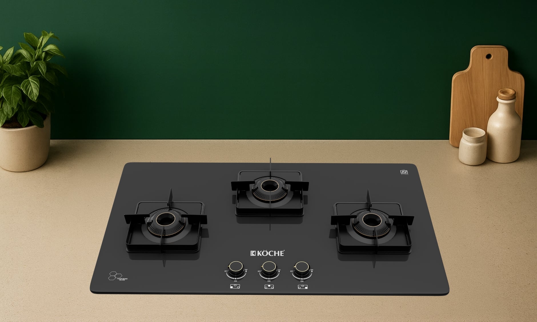 3-burner built-in gas hob with glass top in modern kitchen