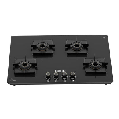Köche Betty 4 burner gas hob with black toughened glass, premium brass burners, and four metal pan supports, front view.