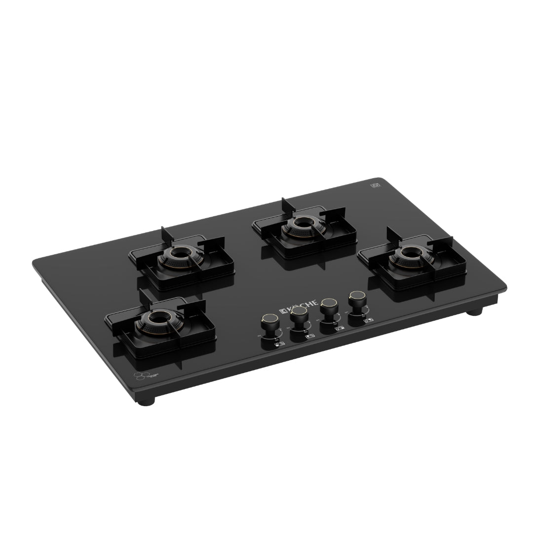 Köche Betty 4 burner gas hob with black toughened glass and premium brass burners, shown from the side angle.
