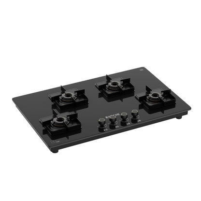 Köche Betty 4 burner gas hob with black toughened glass and premium brass burners, shown from the side angle.
