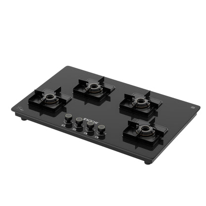 Köche Betty 4 burner gas hob with black toughened glass, shown from the right-side angle.