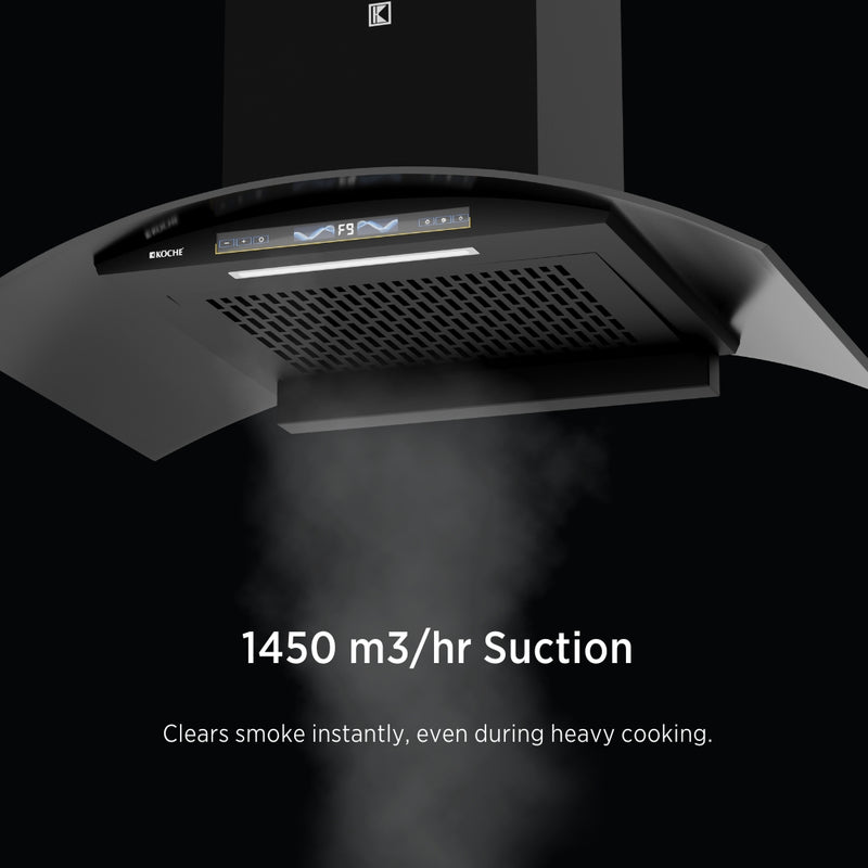   Enzo 90 BLDC Chimney Köche Enzo 90 kitchen chimney with 1450 m3/hr powerful suction capacity 