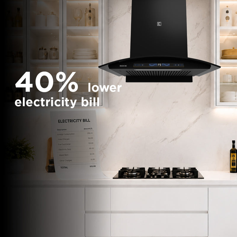   Enzo 60cm Ducted BLDC Chimney | 1450 CMH Powerful Suction | Auto Clean Köche Enzo 60 BLDC kitchen chimney with up to 40% lower electricity consumption. 