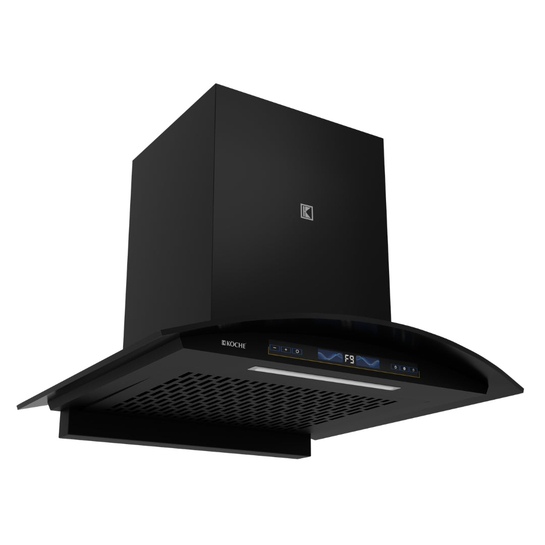 Köche Enzo 60 chimney side view with brand logo.