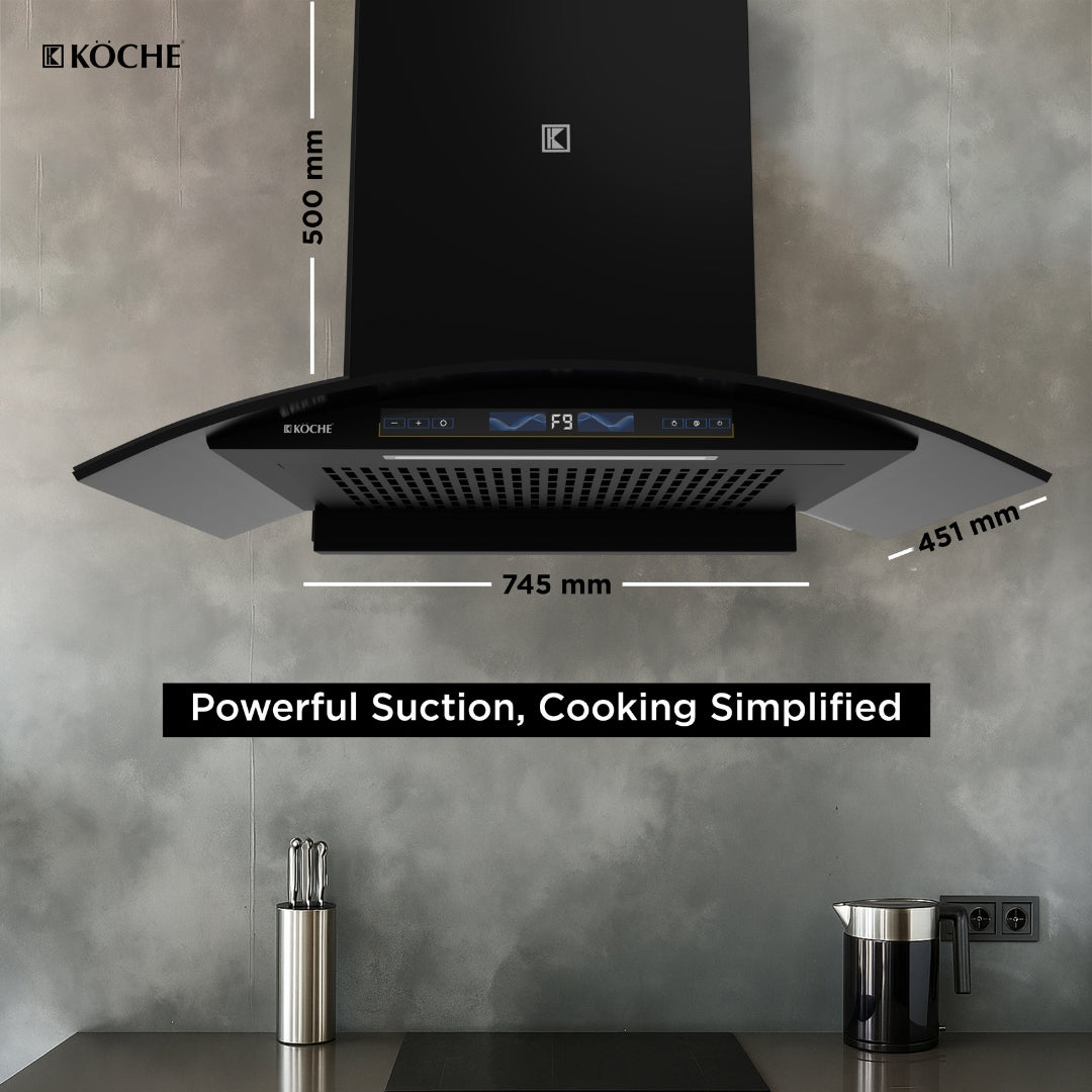 Köche Enzo 75 chimney with dimensions and brand logo.