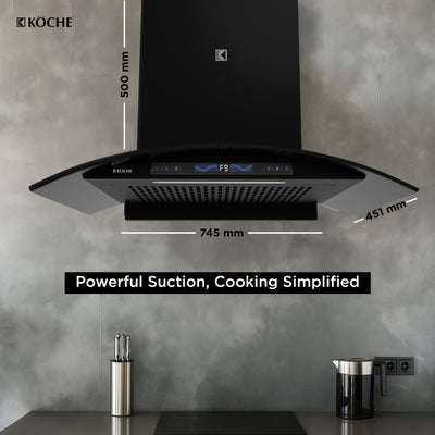 Köche Enzo 75 chimney with dimensions and brand logo.