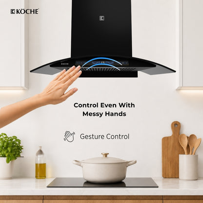 Köche Enzo 75 kitchen chimney with gesture control for touch-free operation.