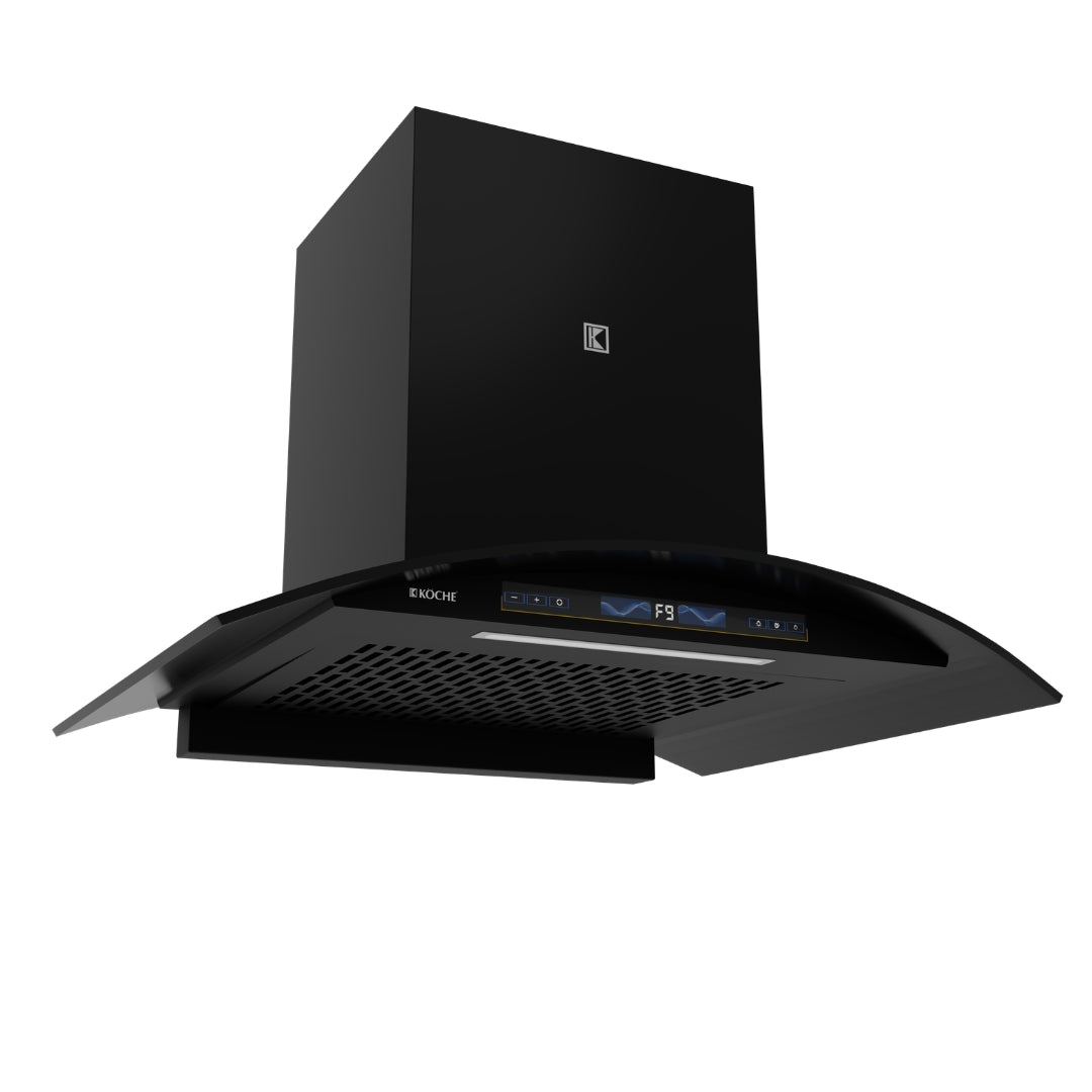 Köche Enzo 75 chimney side view with brand logo.