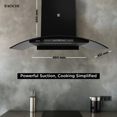 Köche Enzo 90 chimney with measurement details on background.
