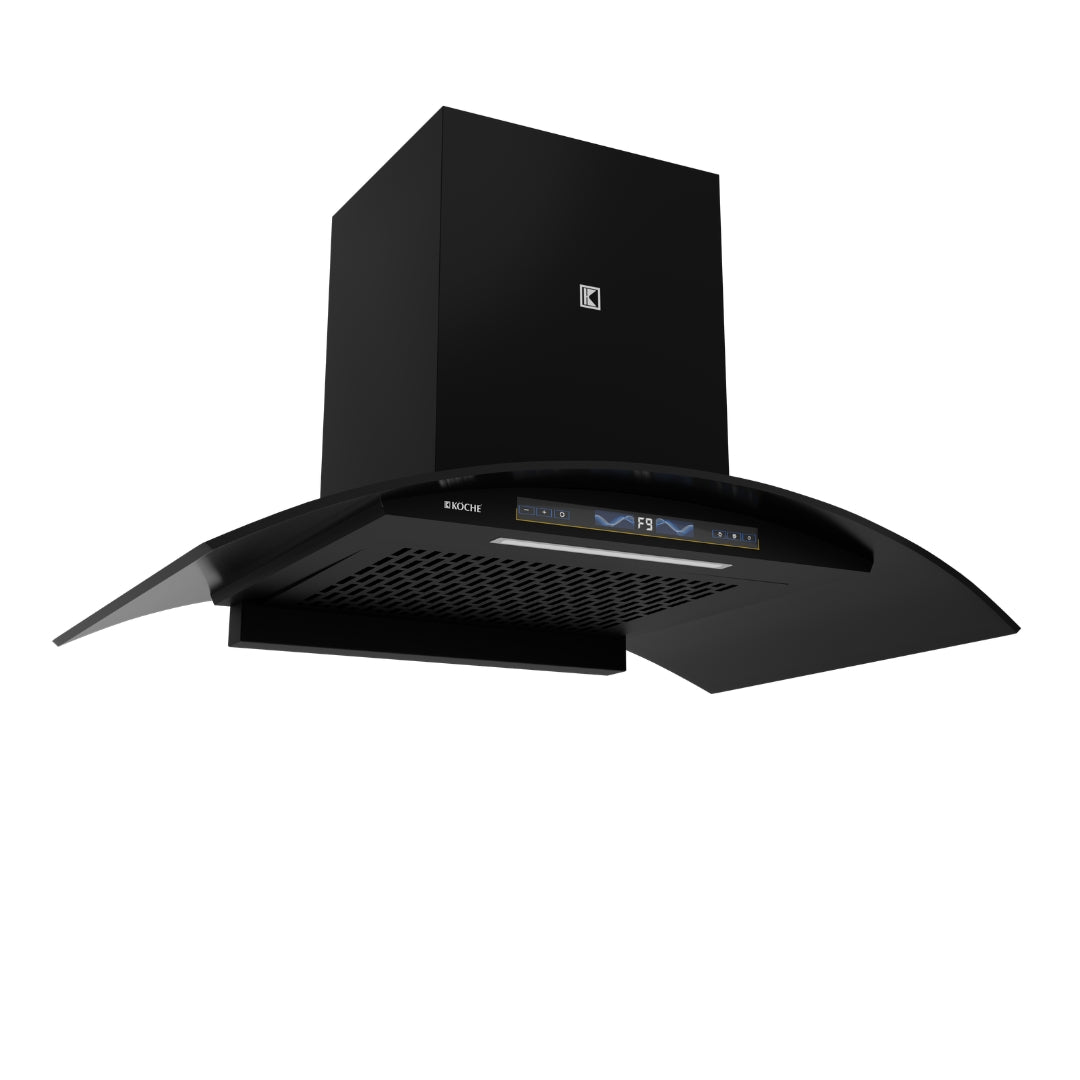 Köche Enzo 90 chimney side view with brand logo.