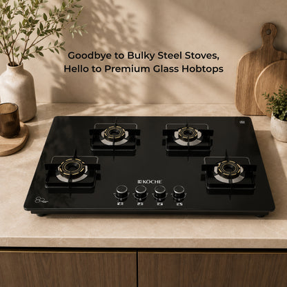 Köche Ivan 3 burner glass gas hob on a beige kitchen countertop.