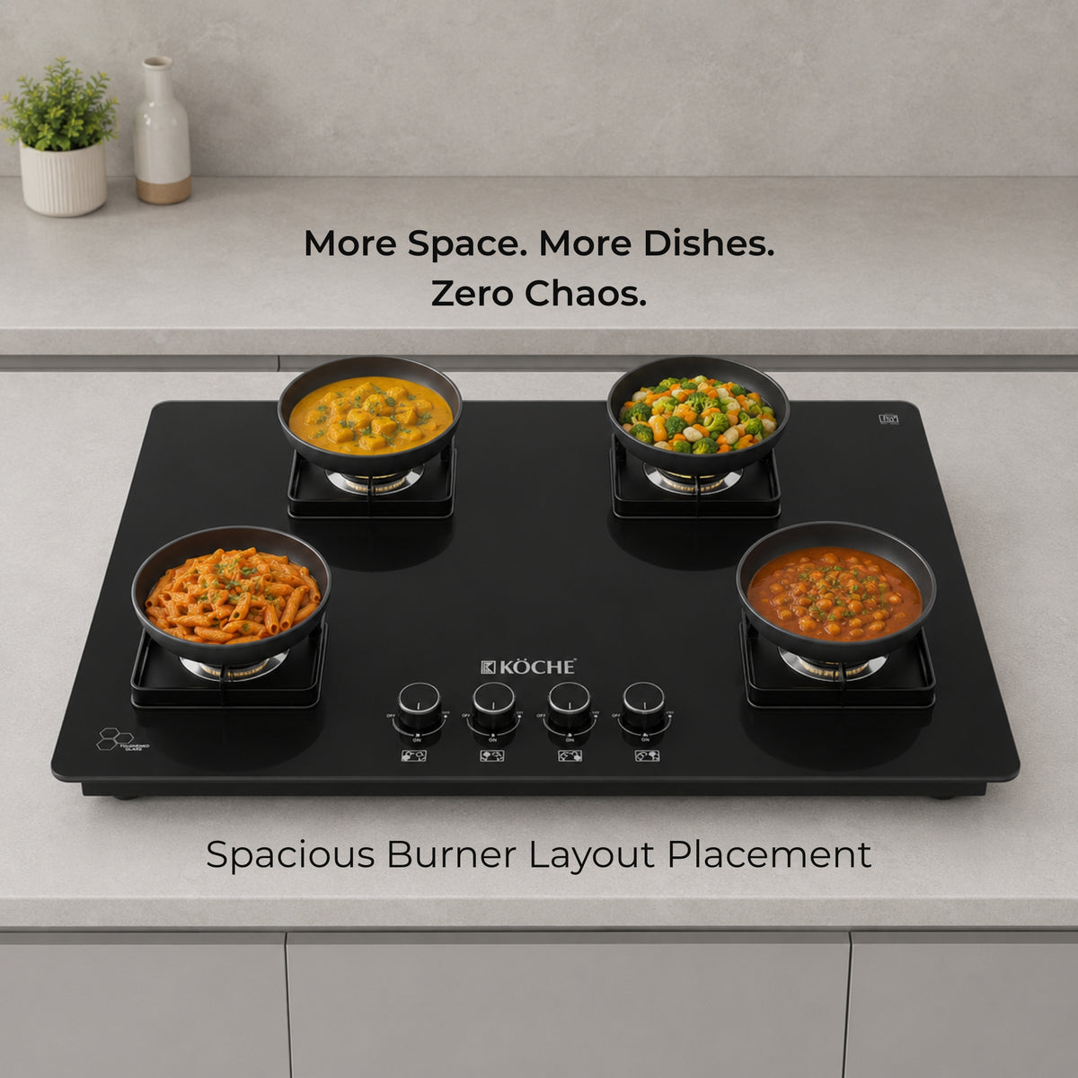 Köche Ivan 4 burner gas hob with spacious cooking area for multiple pots.