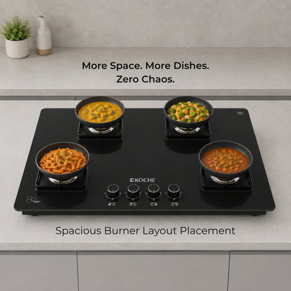 Köche Ivan 4 burner gas hob with spacious cooking area for multiple pots.