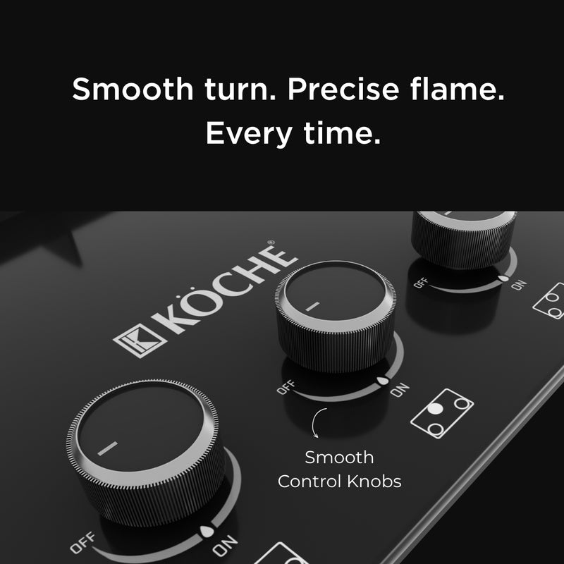   Ivan 4B Auto Ignition Hobtop Köche Ivan gas hob with smooth-turn control knobs for precise flame control. 