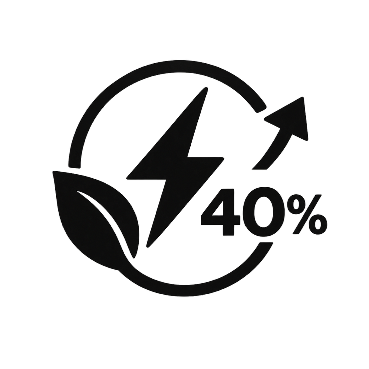 Köche 40% lower noise icon with circular arrows, lightning bolt, leaf, and 40% text