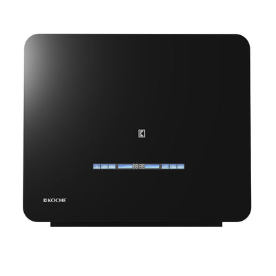 Köche Aero 60 black ductless kitchen chimney with electronic controls and blue LED display on a white background
