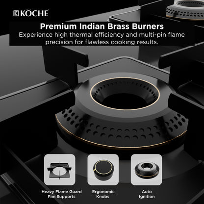 Köche hob premium Indian brass burners with features highlighted on a black background