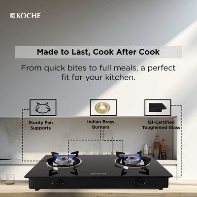 Köche 2 burner bren cooktop with features highlighted on a kitchen background